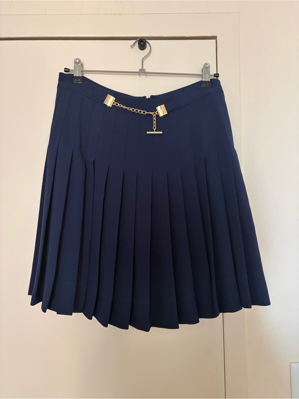 Ralph Lauren Pleated Navy Skirt with Gold Chain Accent